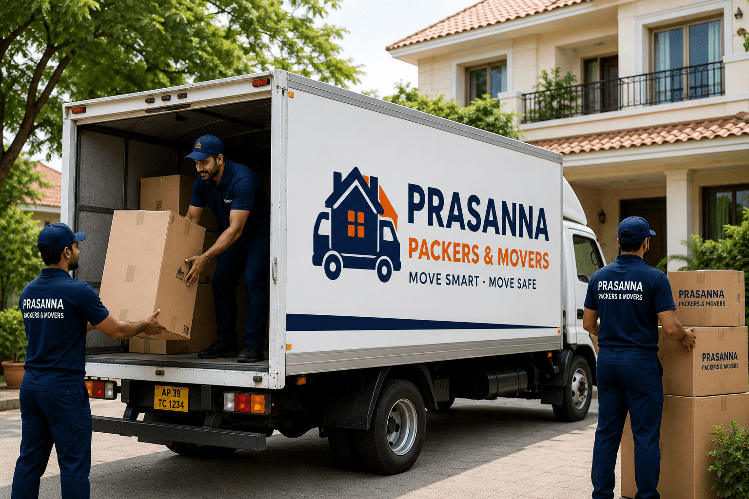 Prasanna Packers and Movers team and moving truck